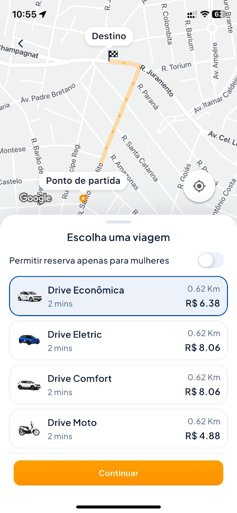 Tela do app: escolha de categoria e valor da corrida
